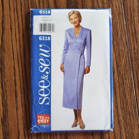 Vintage 90s See & Sew Pattern 6318 Uncut Sheath Mock Wrap Dress Sz 6 8 10 - Picture 2 of 3